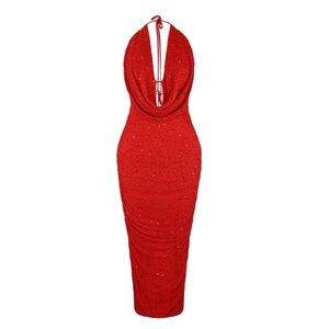 Rhinestone Beaded Halter Maxi Dress